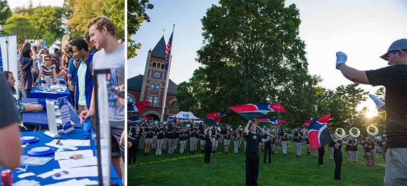 UNH students at University Day; UNH marching band performing in front of Thompson Hall
