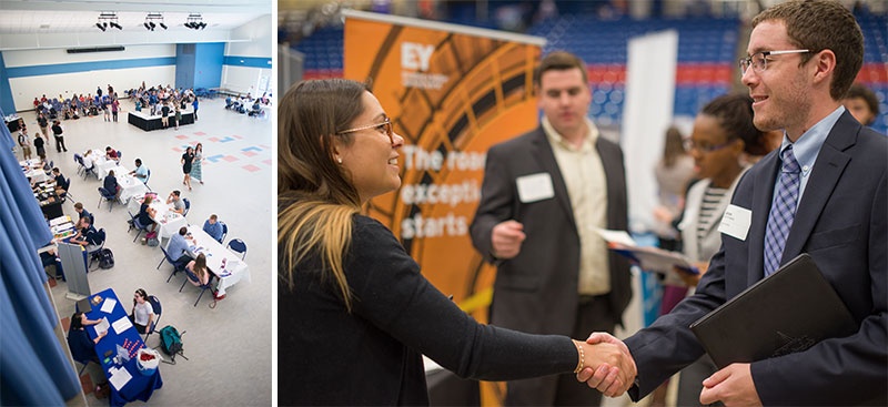 UNH students at resume review day and the UNH career and internship fair