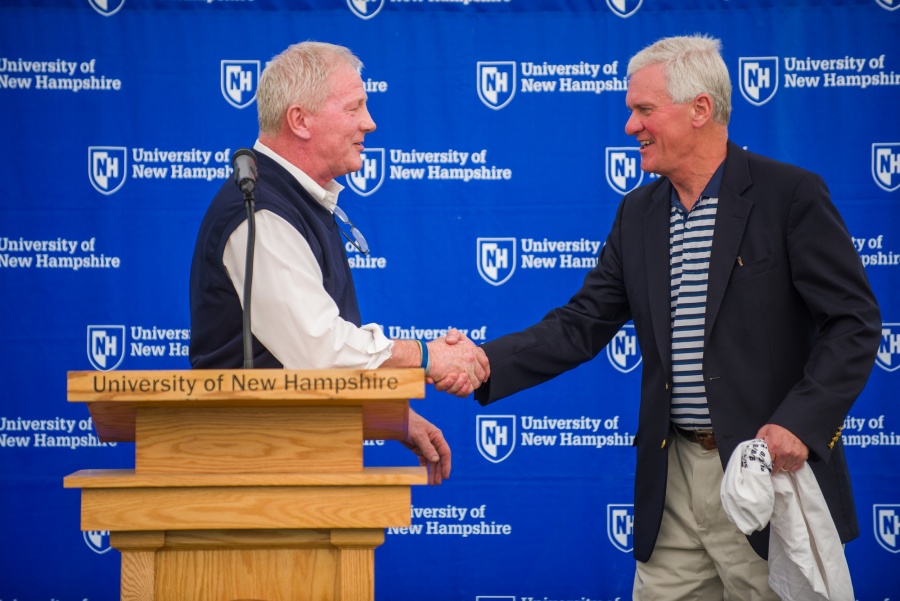 Outgoing UNH president Mark Huddleston with campus community members