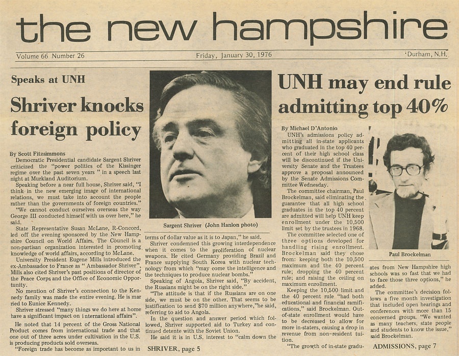 Shriver knocks foreign policy; Speaks at UNH - TNH article
