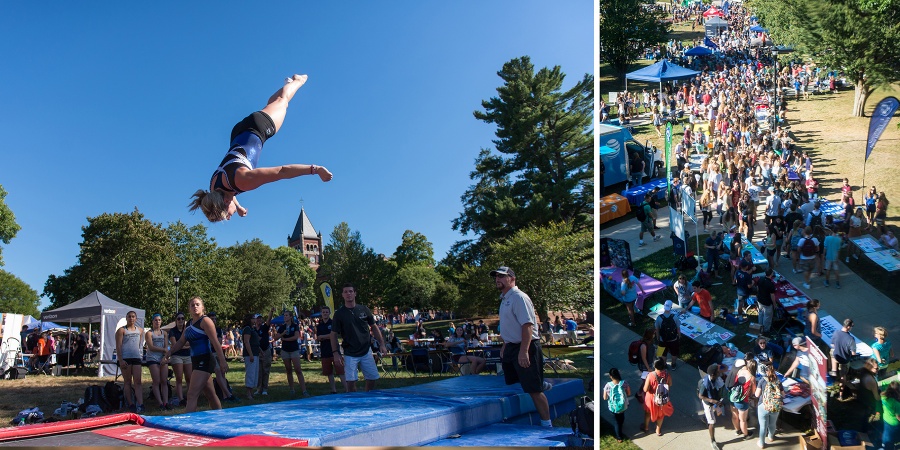 A gymnast doing a flip on a trampoline 