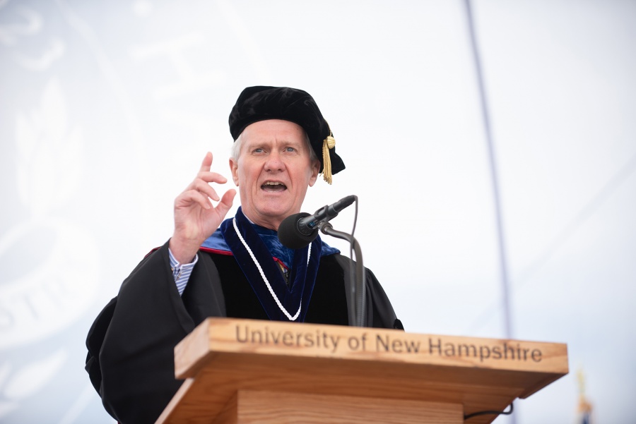 UNH President Mark W. Huddleston speaking during UNH commencement, Saturday, May 19, 2018