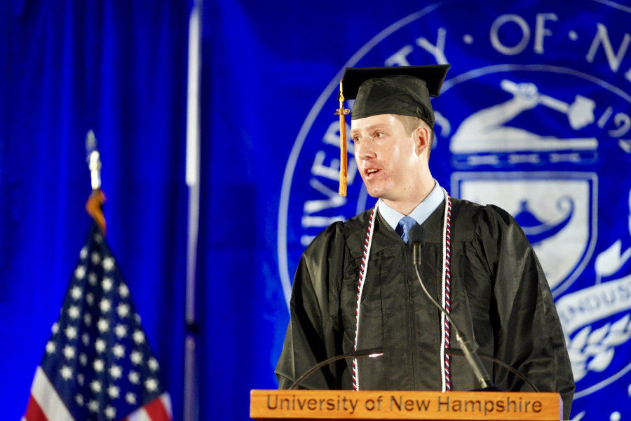 A UNH Manchester student speaks at Commencement 