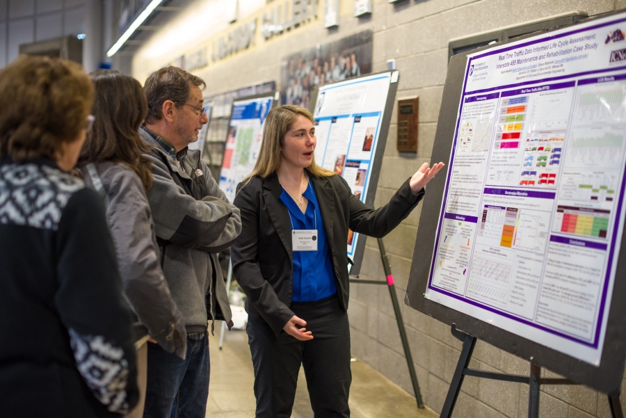 A University of New Hampshire student presenting research results during the 2018 Interdisciplinary Science and Engineering Symposium, part of the annual UNH Undergraduate Research Conference
