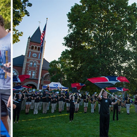 UNH students at University Day; UNH marching band performing in front of Thompson Hall