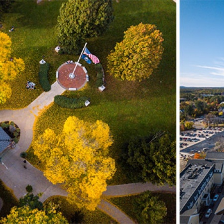 aerial views of UNH's Thompson Hall and downtown Durham, NH
