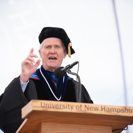 UNH President Mark W. Huddleston speaking during UNH commencement, Saturday, May 19, 2018