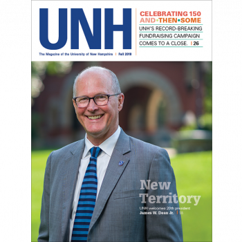 UNH Magazine Fall 2018 Cover - UNH President Jim Dean on T-Hall Lawn