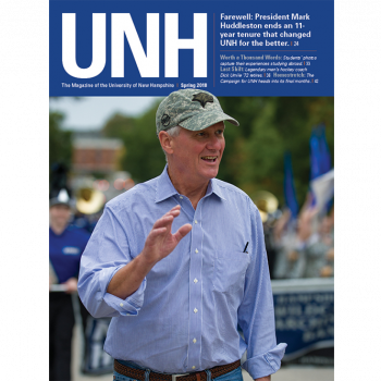 UNH Magazine Spring 2018 Cover - UNH President Mark Huddleston during Homecoming parade 2017