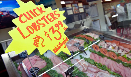 sign of lobsters for 3.99 a pound at the Durham Marketplace in Durham