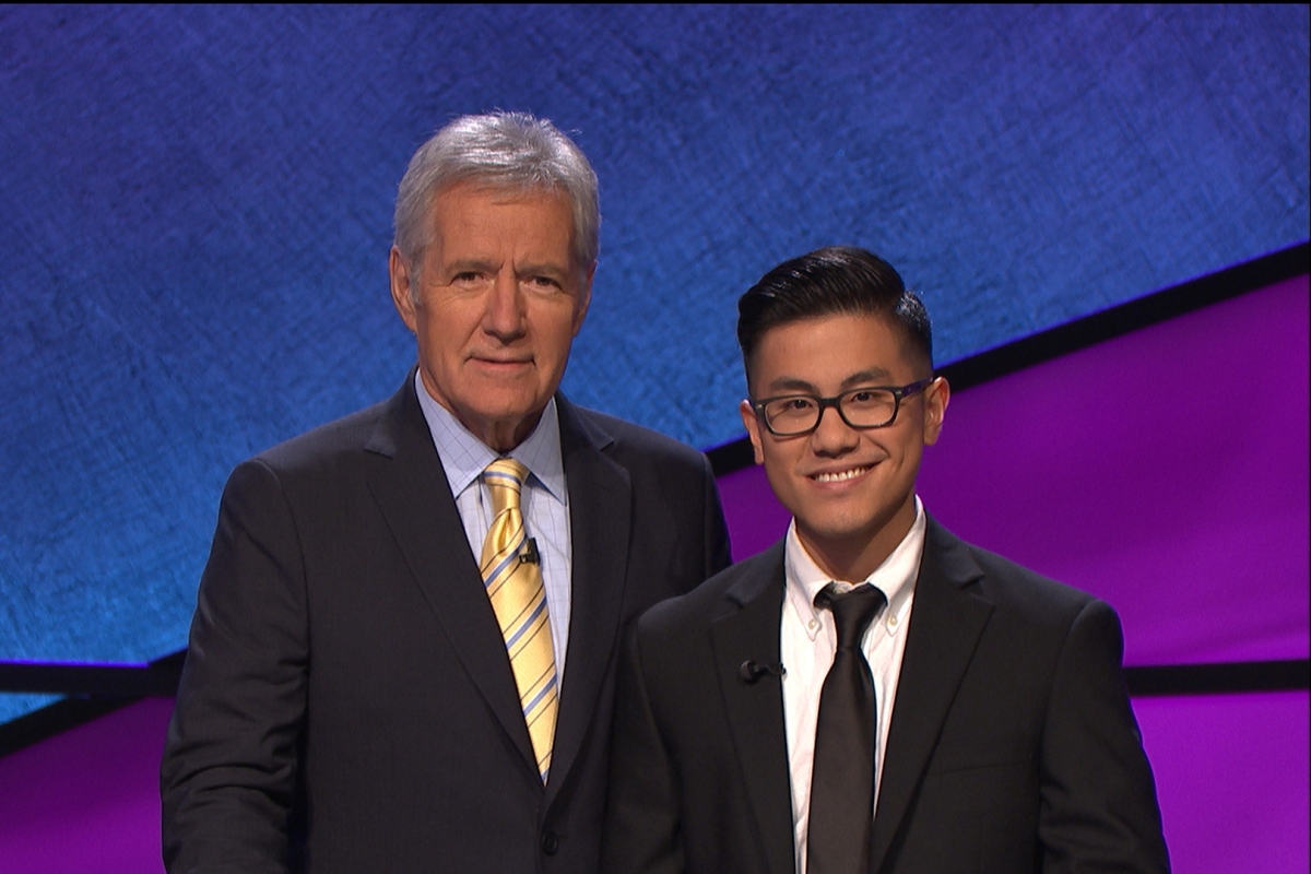 UNH graduate student with Alex Trebek of Jeopardy!