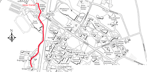Map showing path from Visitor Center to Gregg Hall