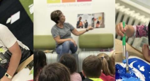 Kids painting & a staff reading a story to a group of kids